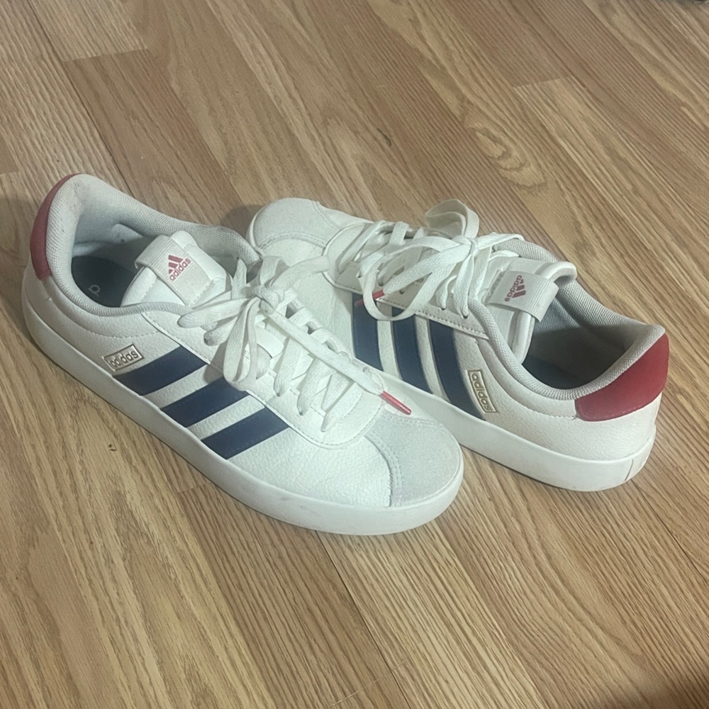 Adidas White Sneakers with Navy Stripes